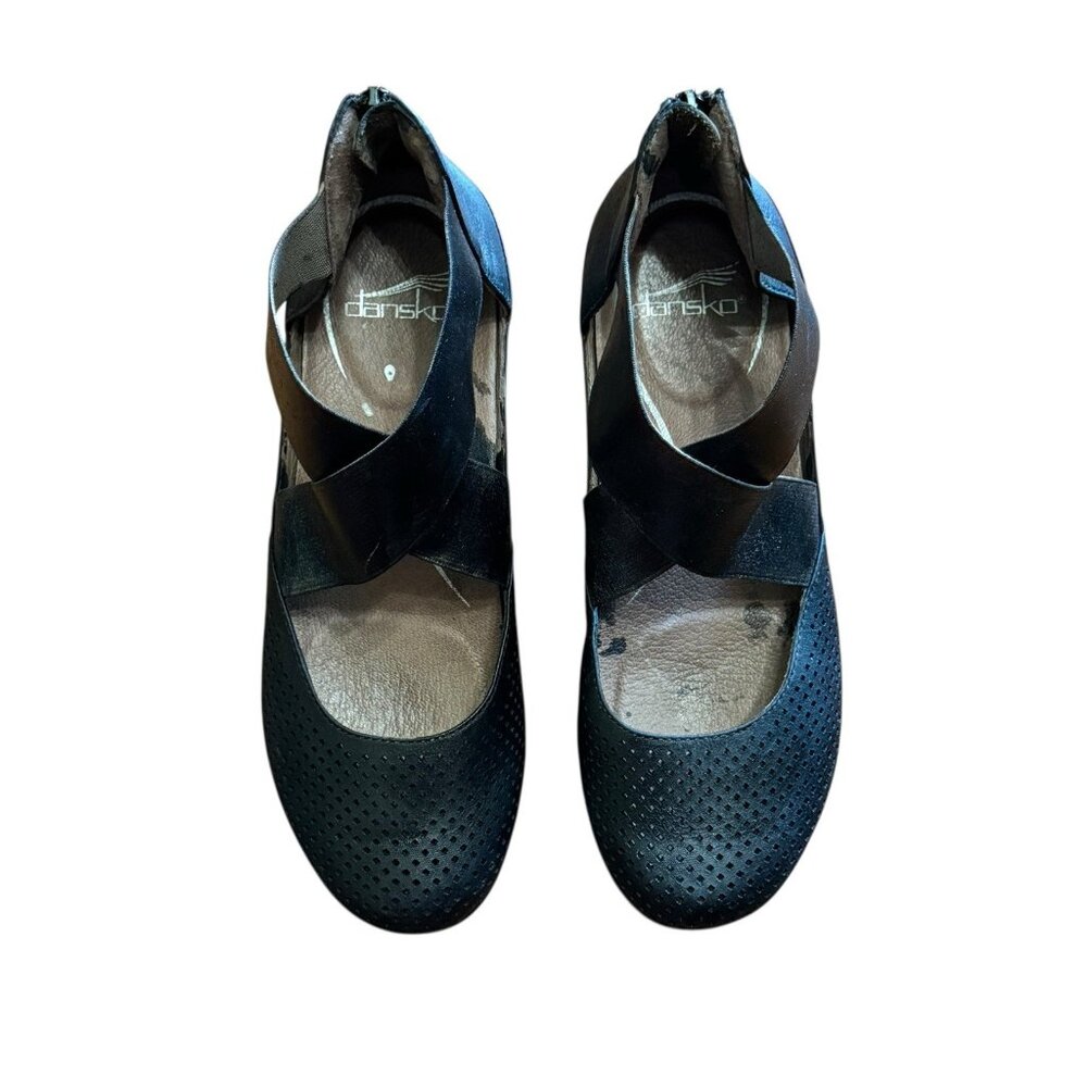 Dansko Laura Heels 7.5 Perforated Black Nubuck Comfort Shoes Elastic Straps READ